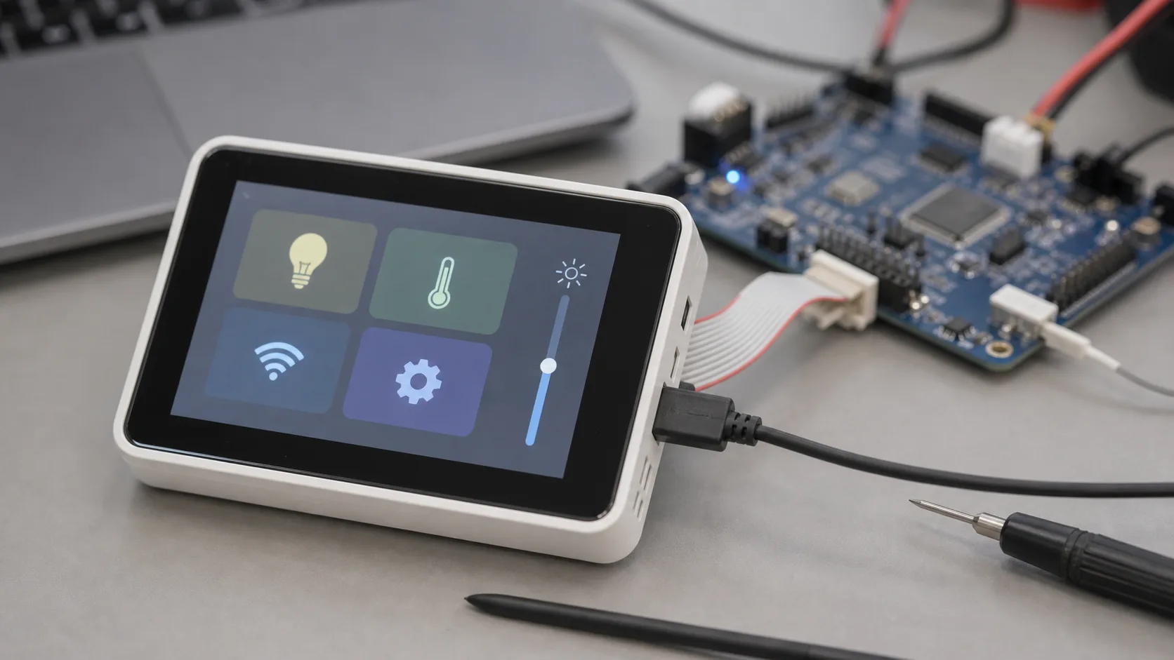 3.5 inch TFT display sample on a consumer electronics prototype bench