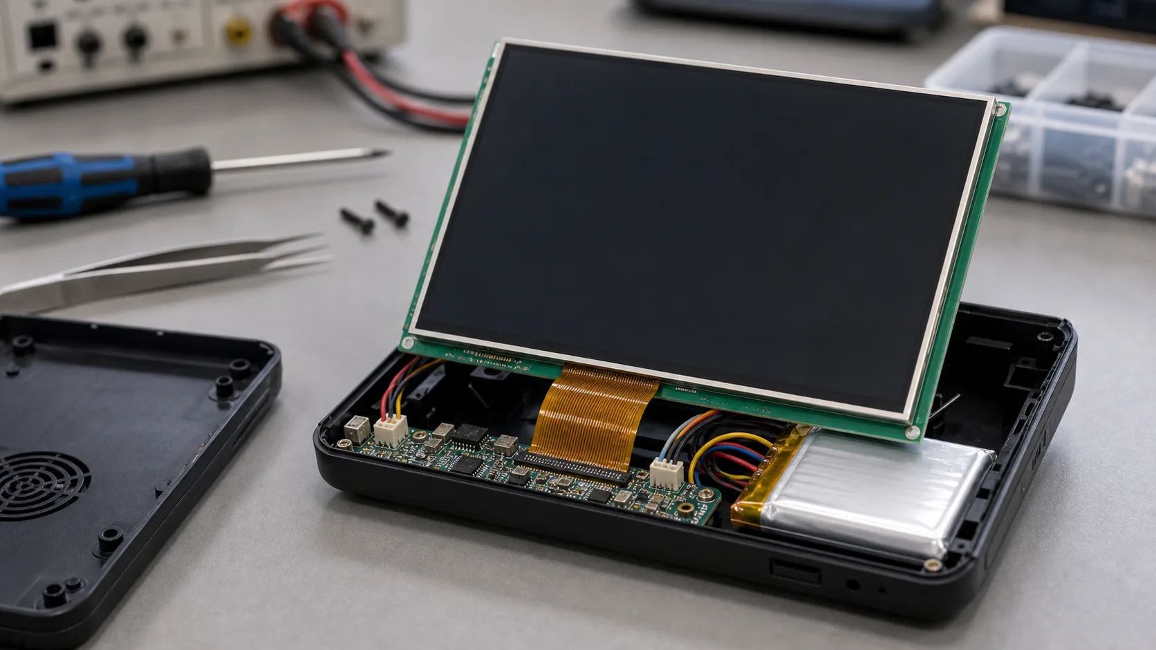 5 inch TFT display sample on a consumer electronics prototype bench