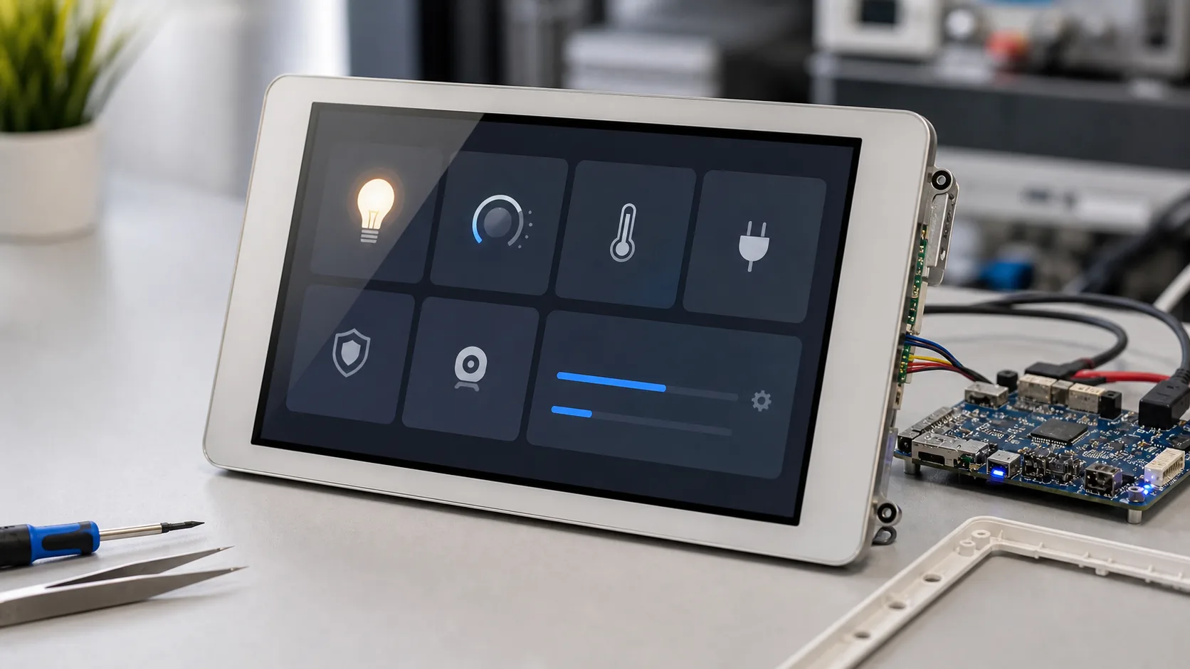 7 inch TFT display sample on a consumer electronics prototype bench