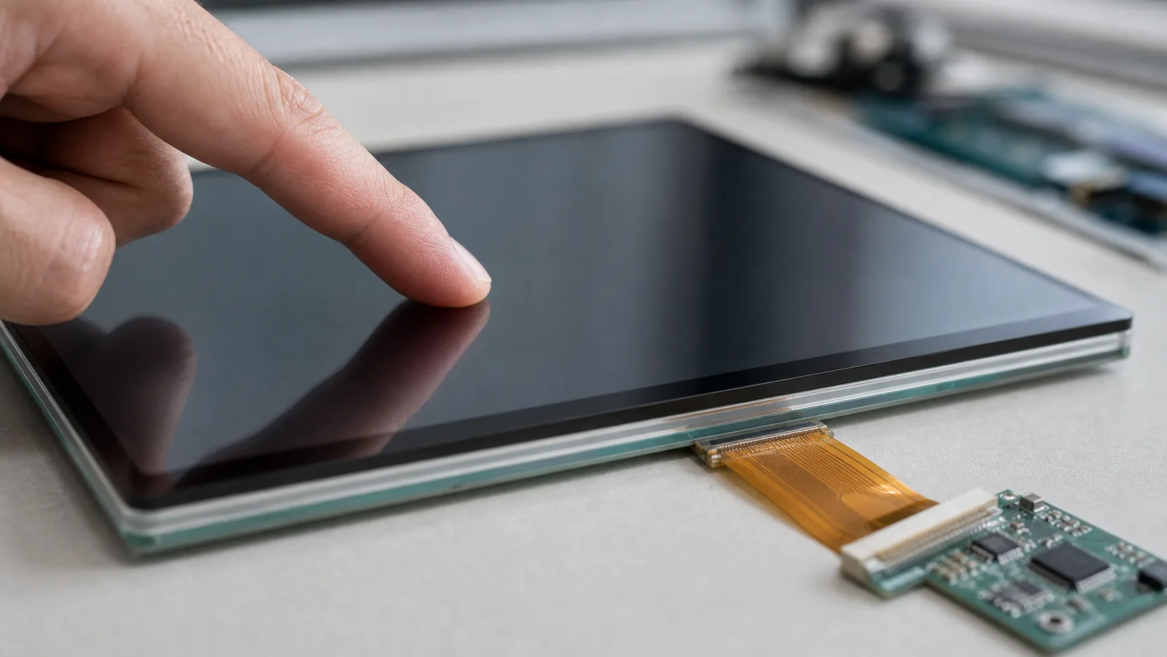 Capacitive touchscreen panel with controller board and flexible cable
