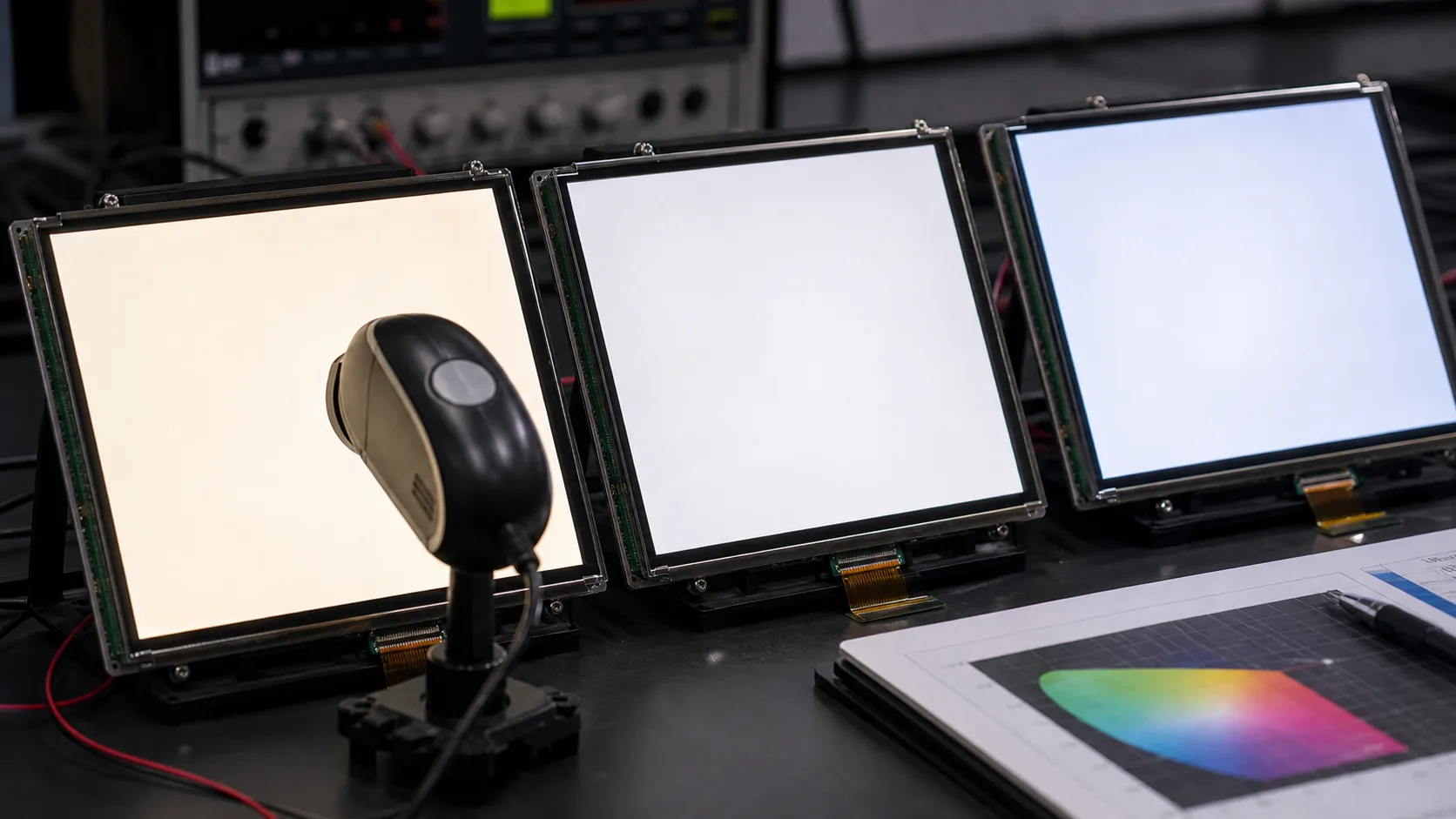 Multiple TFT LCD modules being measured for color temperature matching