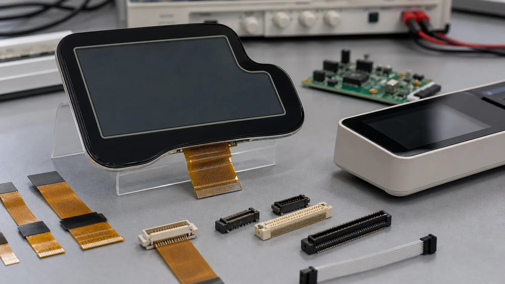 Custom TFT display module with cover glass and flexible cable on a lab table