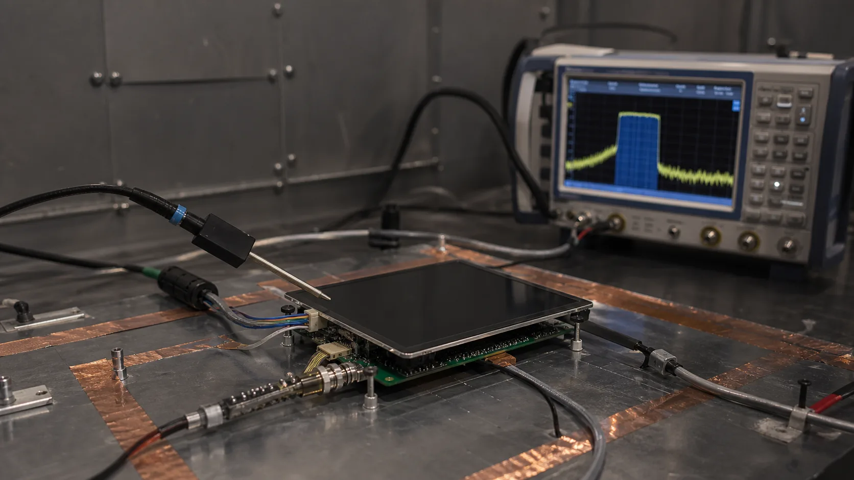 Embedded display system undergoing EMI pre-compliance testing
