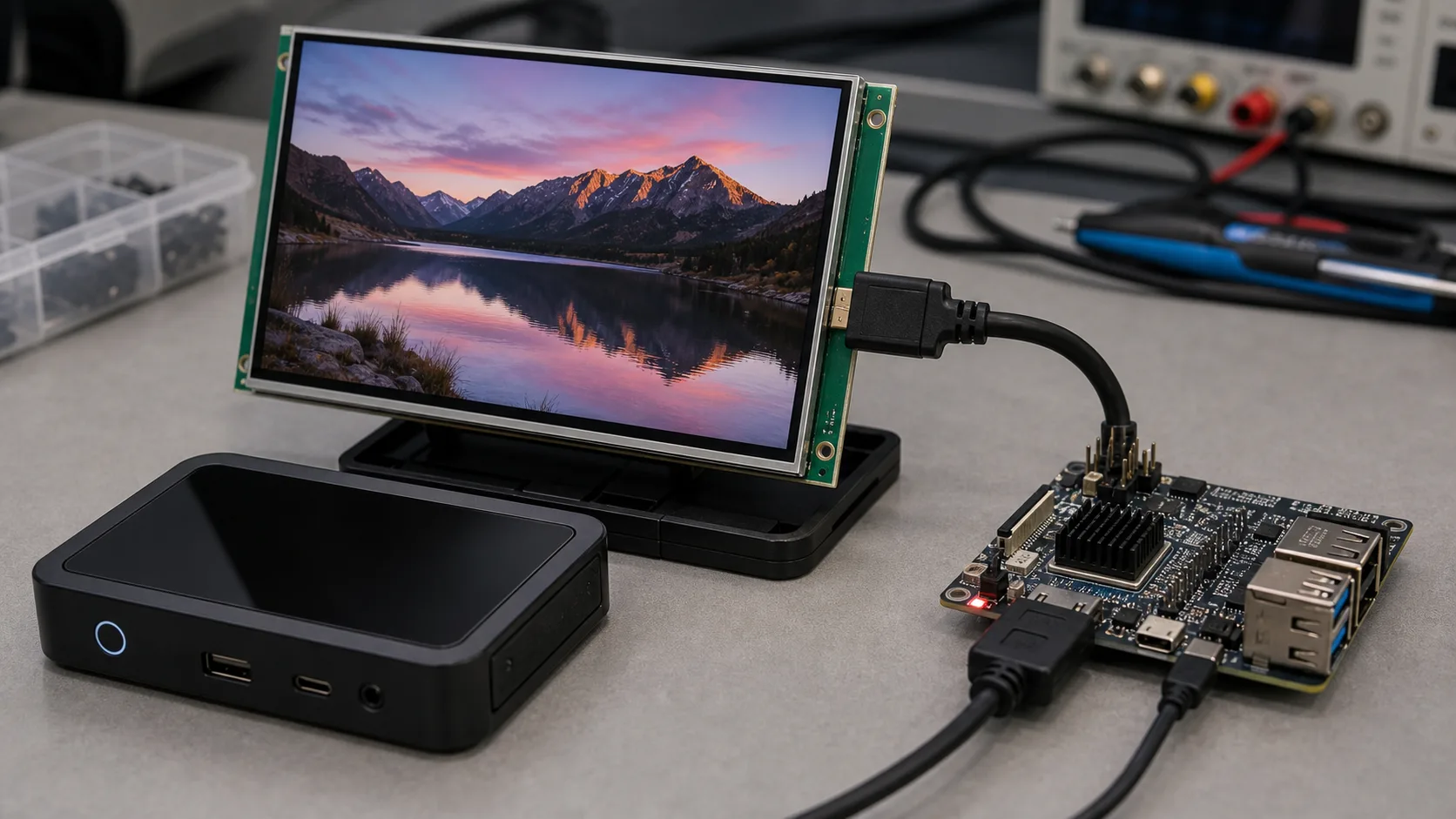 HDMI TFT display module connected to a development board on a lab bench