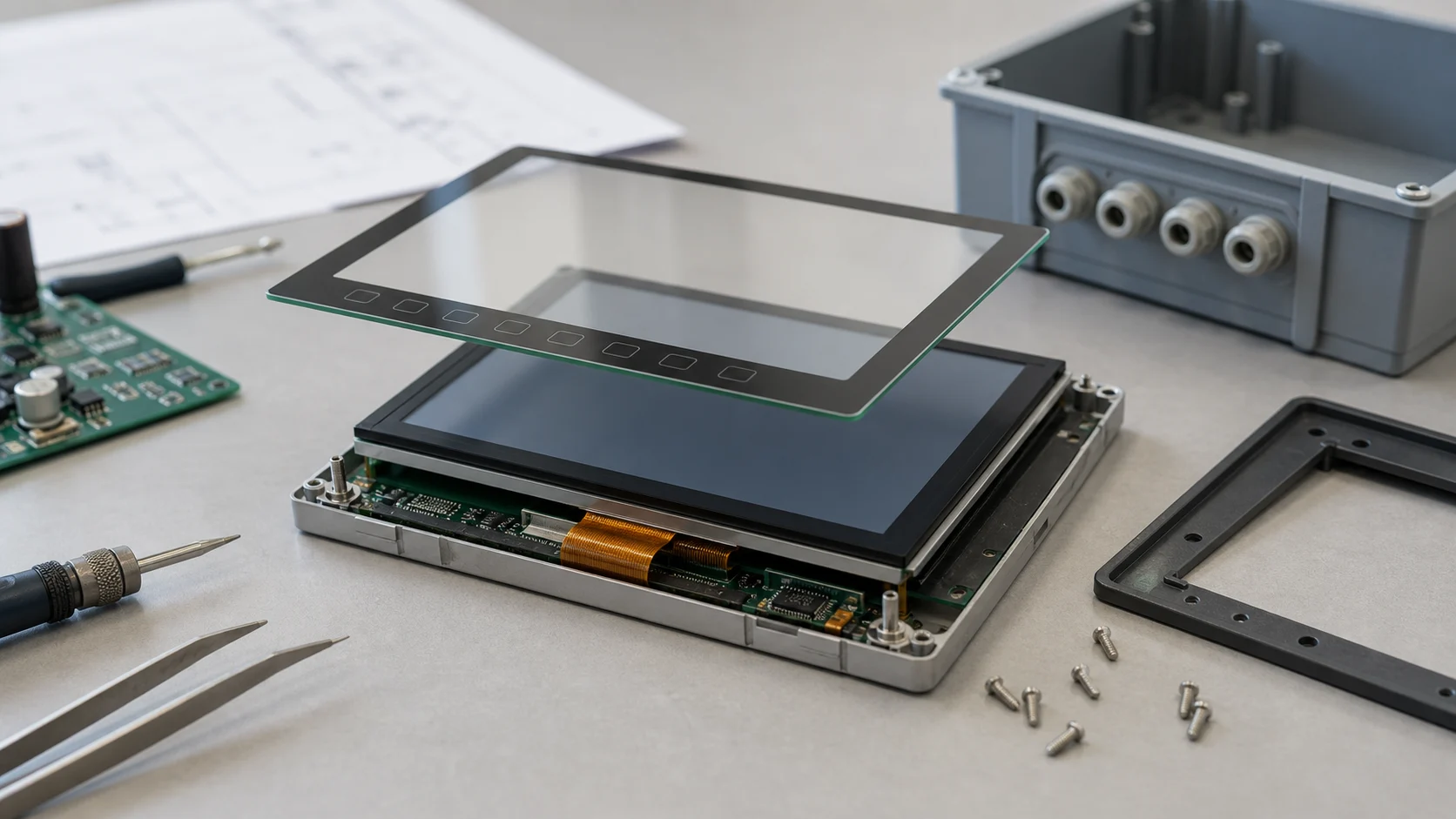 HMI cover lens and TFT touch panel prototype on an engineering bench