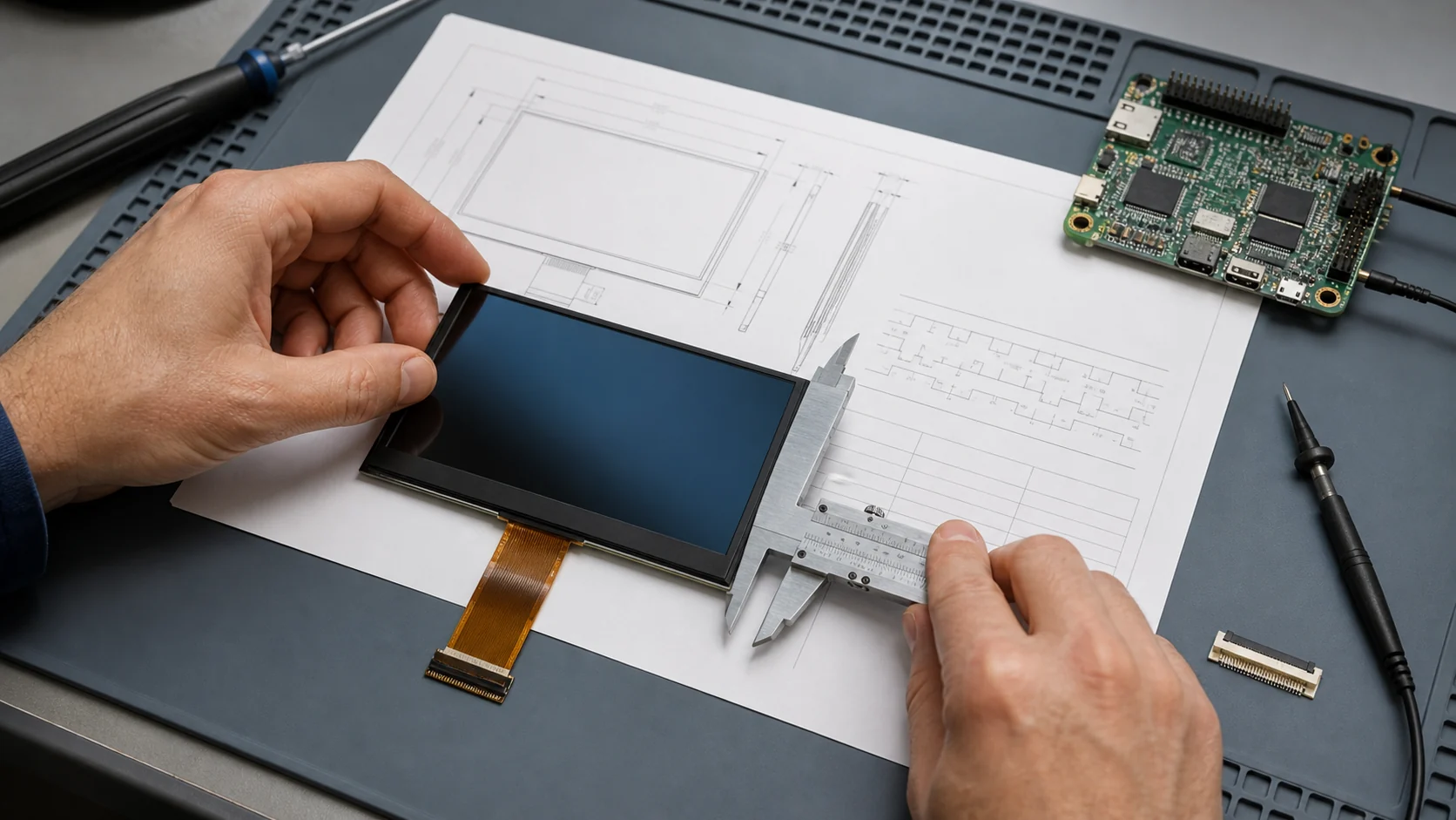 Engineer measuring a TFT LCD module while reviewing its mechanical drawing and timing datasheet