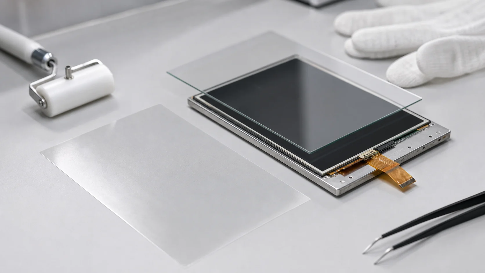OCA bonding film and TFT touch module samples inspected on a production bench