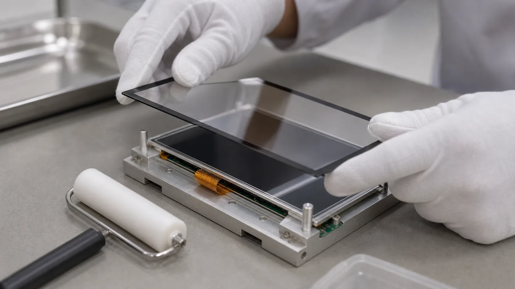 optical bonding for touch screens prototype photographed on a clean consumer electronics workbench