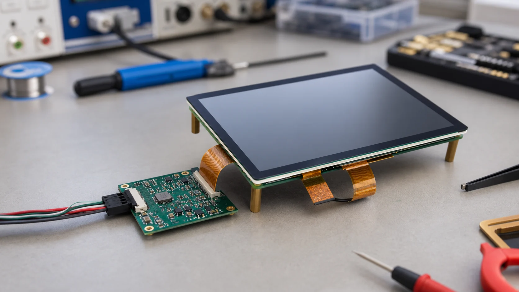 PCAP capacitive touch panel sample connected to a TFT display test board