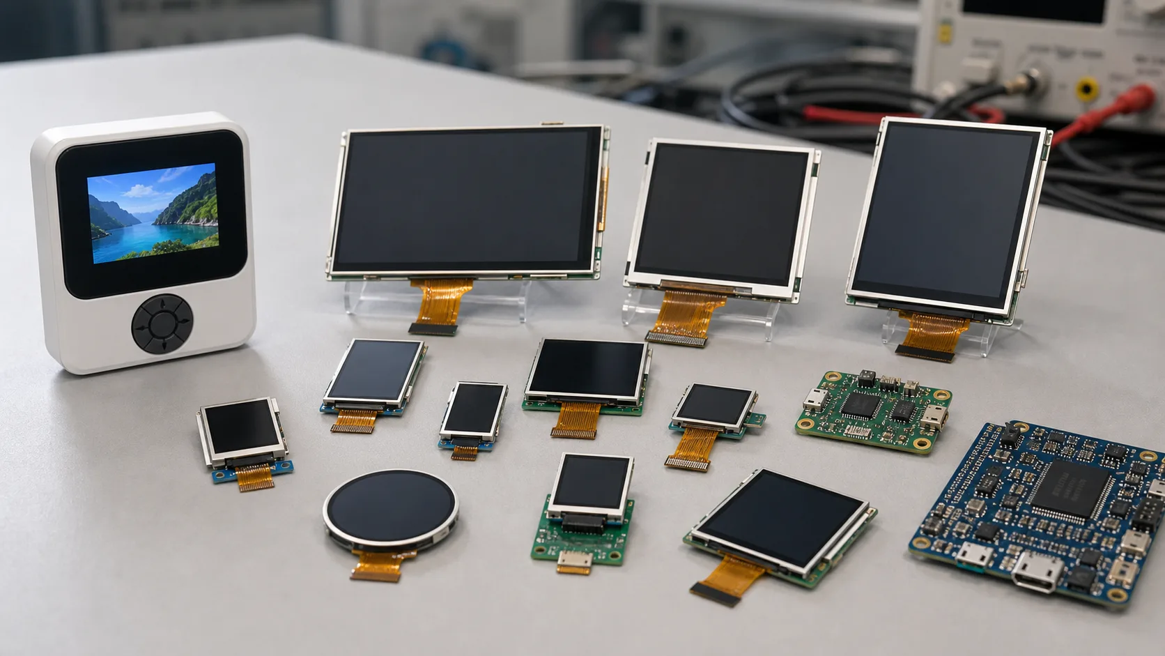 Several small TFT LCD display modules arranged by size on an electronics desk