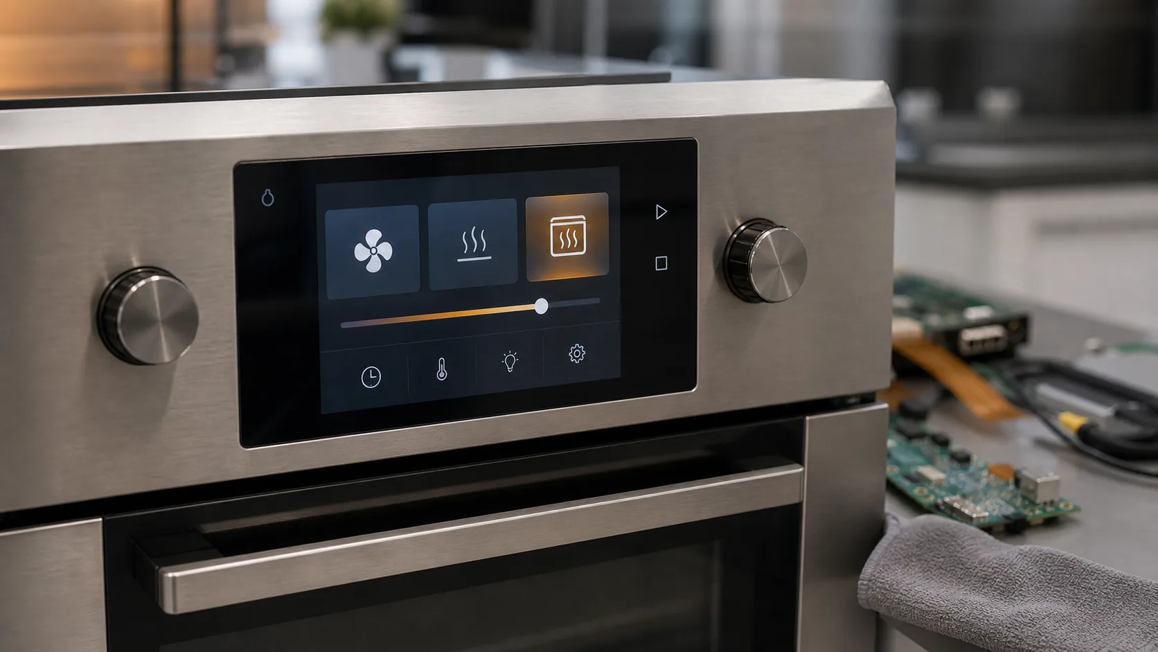 TFT display for kitchen appliances prototype shown in a realistic consumer electronics lab scene