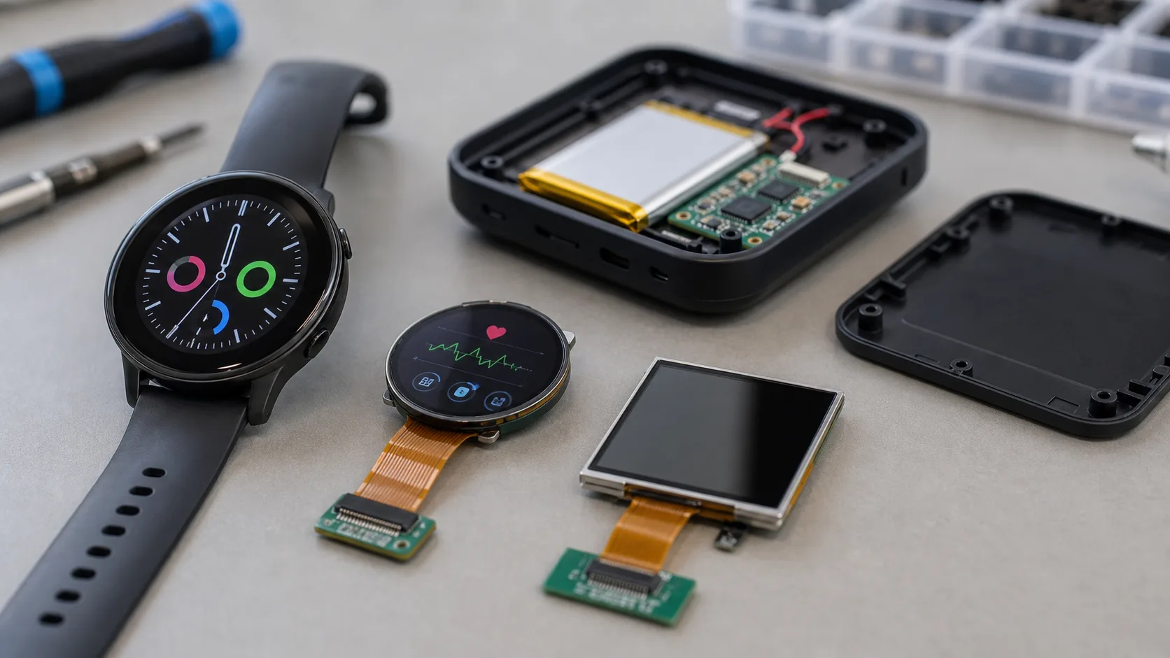 TFT display for wearable and portable products prototype shown in a realistic consumer electronics lab scene