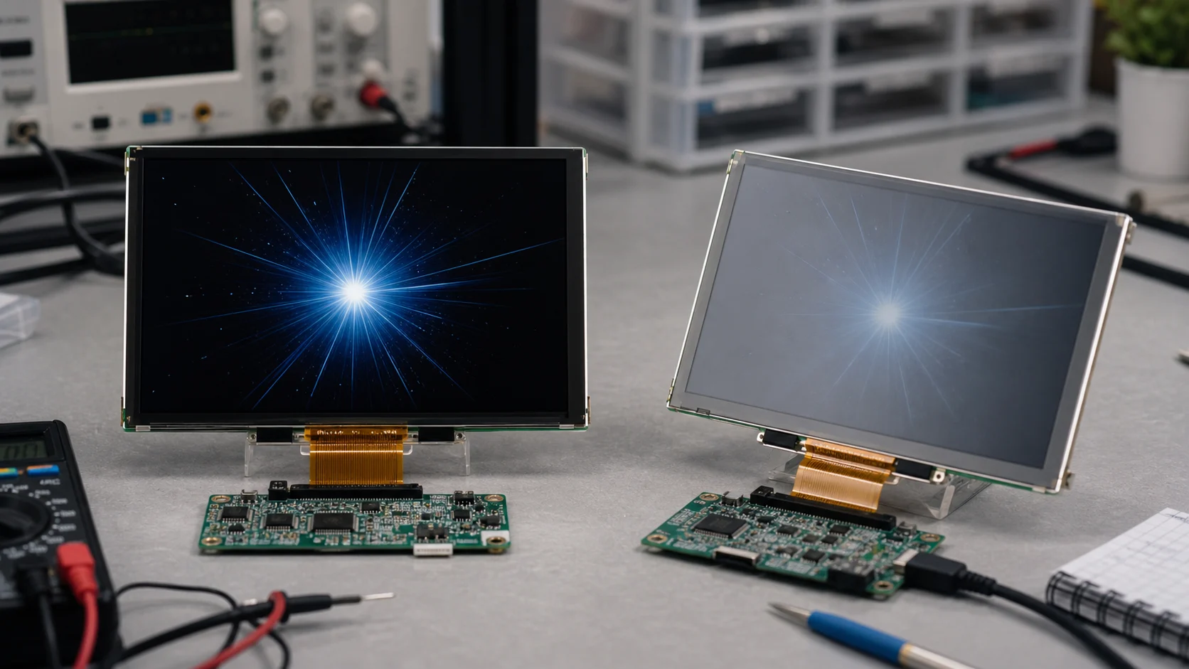 TN and VA LCD panels compared in an industrial screen test setup