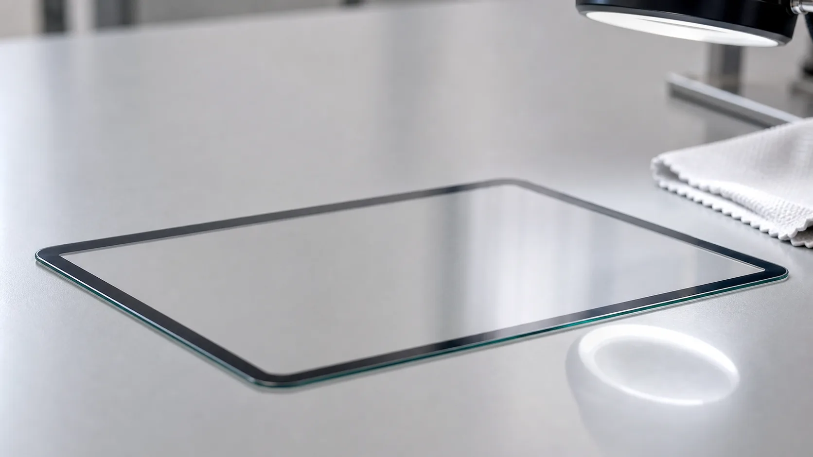 Transparent touchscreen cover lens inspected on a clean manufacturing table