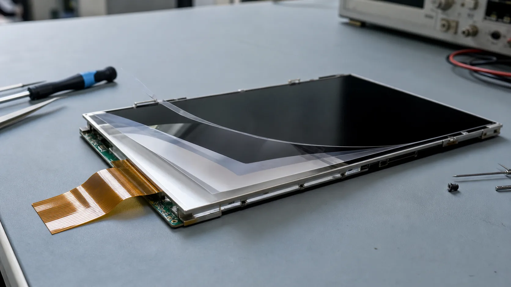 Partially disassembled TFT LCD module showing display layers on a lab bench